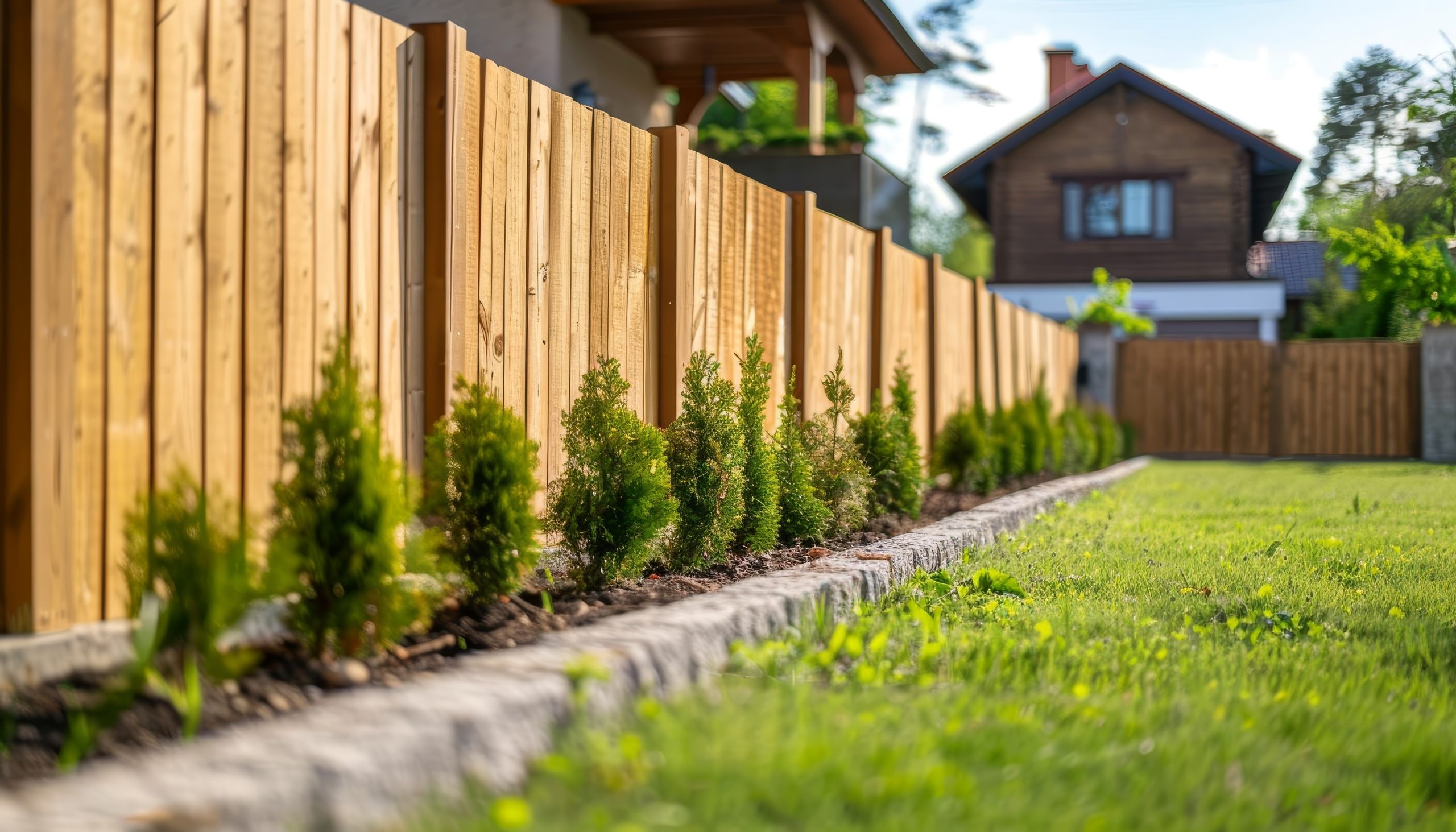 Ein umzäuntes Gartenstück mit einem Haus im Hintergrund