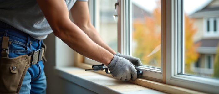 Handwerker renoviert und installiert Fenster mit Holzrahmen im Rahmen der Instandhaltungsmaßnahmen